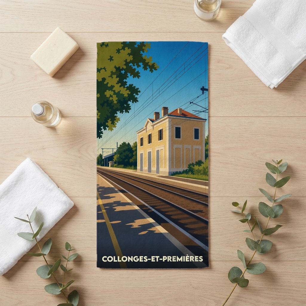 Serviette de bain souvenir de la ville de Collonges-et-Premières avec une illustration stylisée de sa gare ferroviaire.