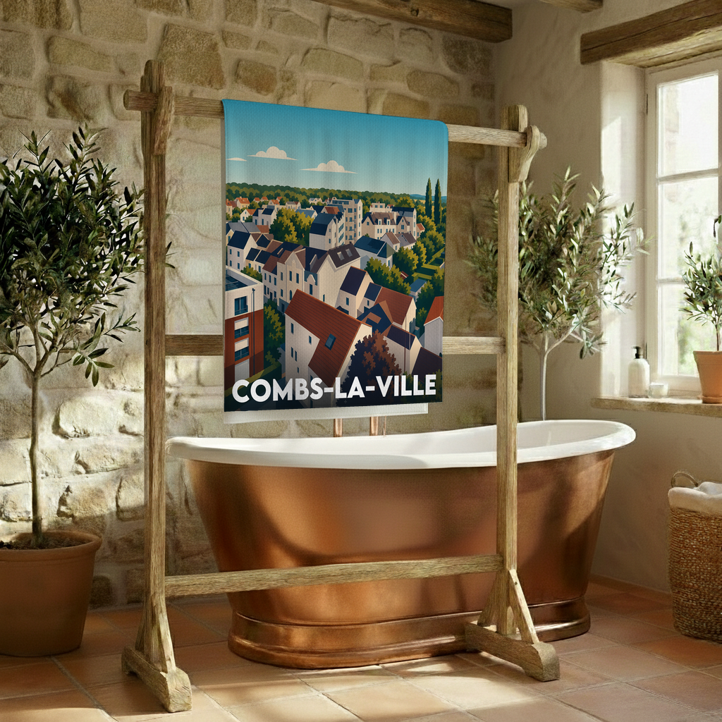 Serviette de bain souvenir de la ville de Combs-la-Ville avec une illustration stylisée.