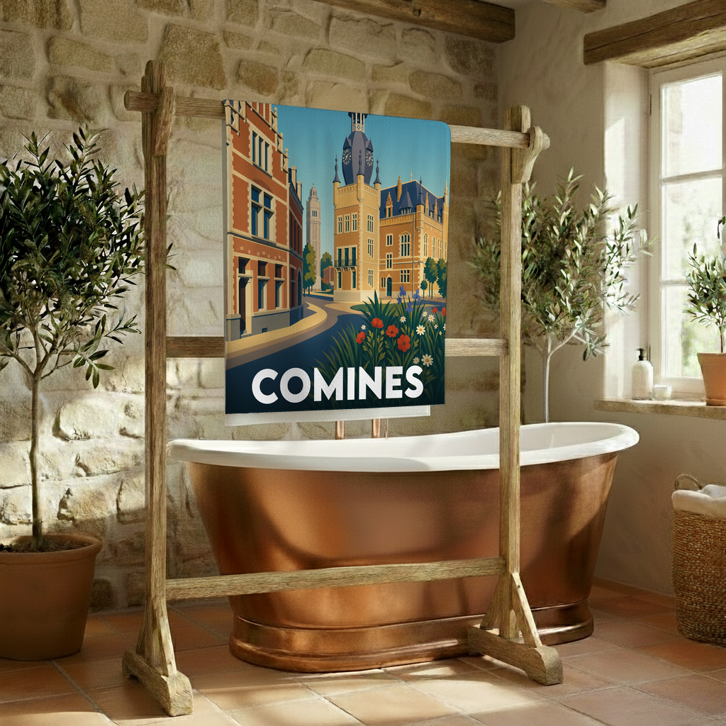 Serviette de bain souvenir de la ville de Comines avec une illustration stylisée.