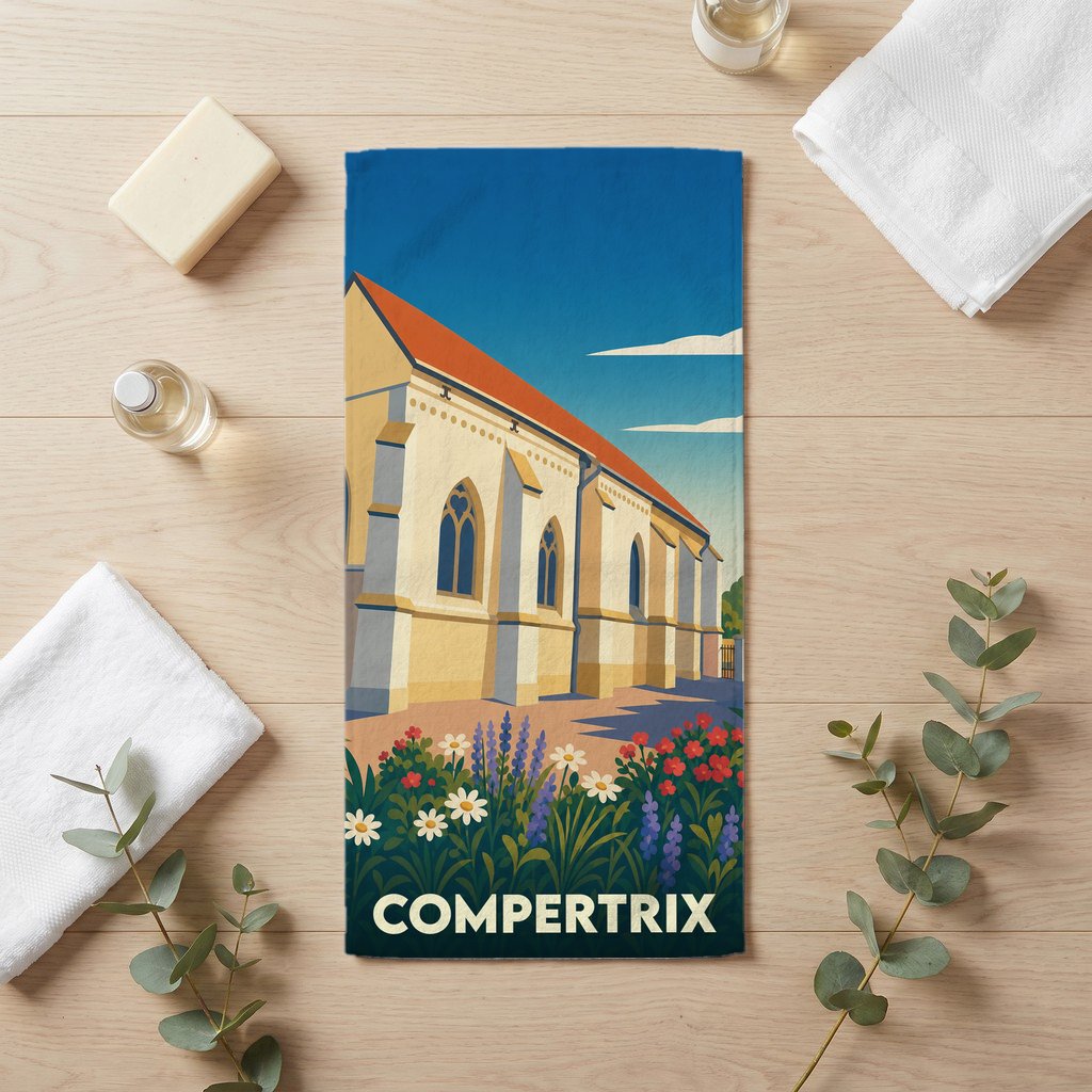 Serviette de bain souvenir de la ville de Compertrix avec une illustration stylisée de son église et de fleurs.