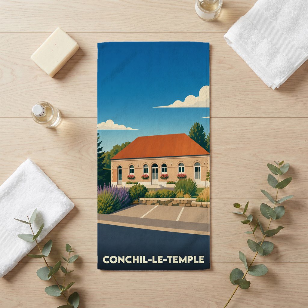 Serviette de bain souvenir de la ville de Conchil-le-Temple avec une illustration stylisée.
