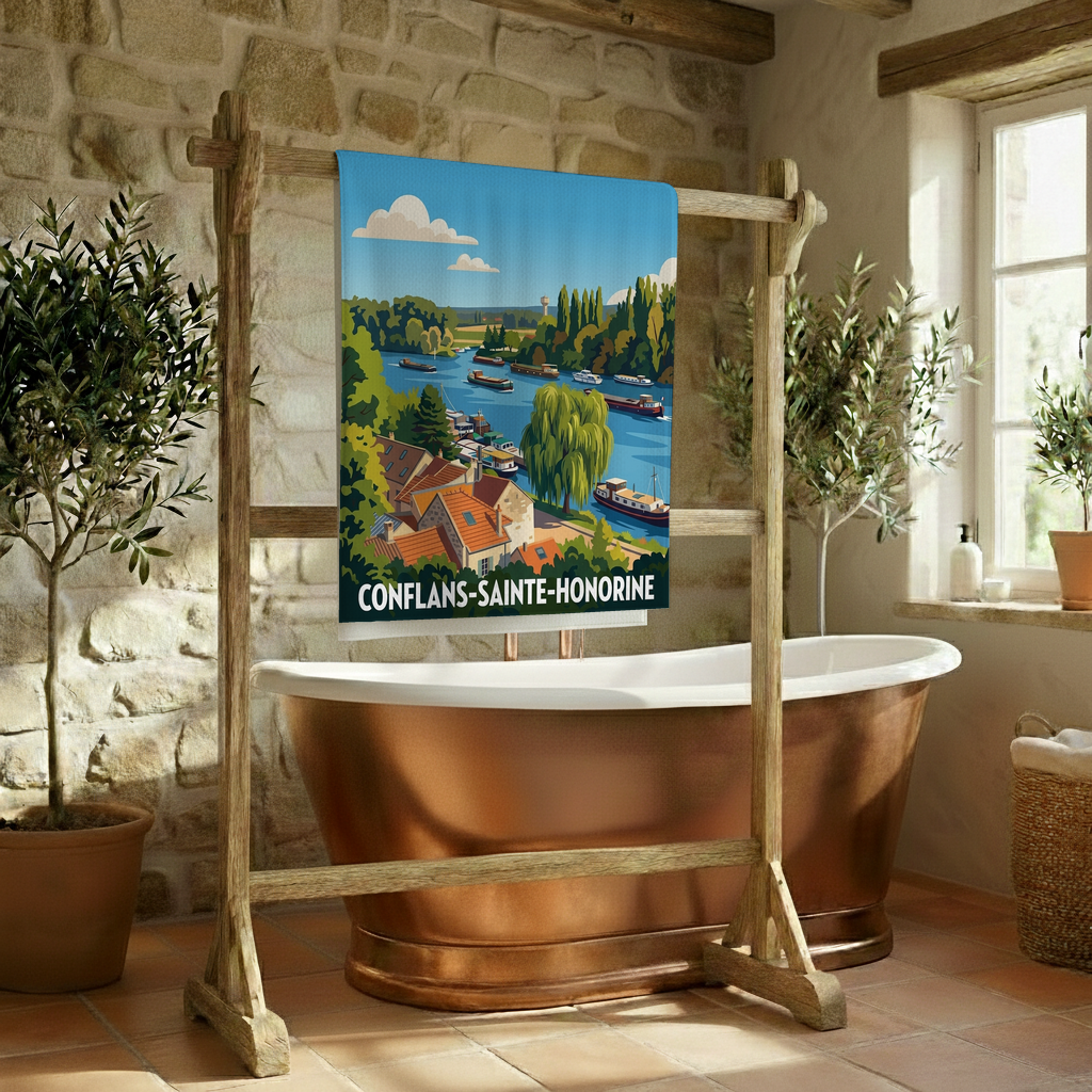 Serviette de bain souvenir de la ville de Conflans-Sainte-Honorine avec une illustration stylisée des bords de l'eau.