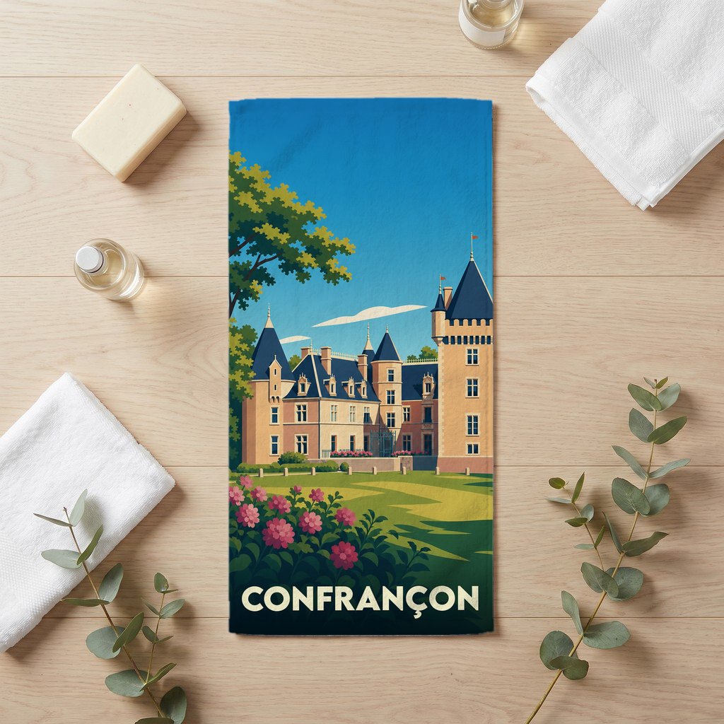 Serviette de bain souvenir de la ville de Confrançon avec une illustration de château stylisée.