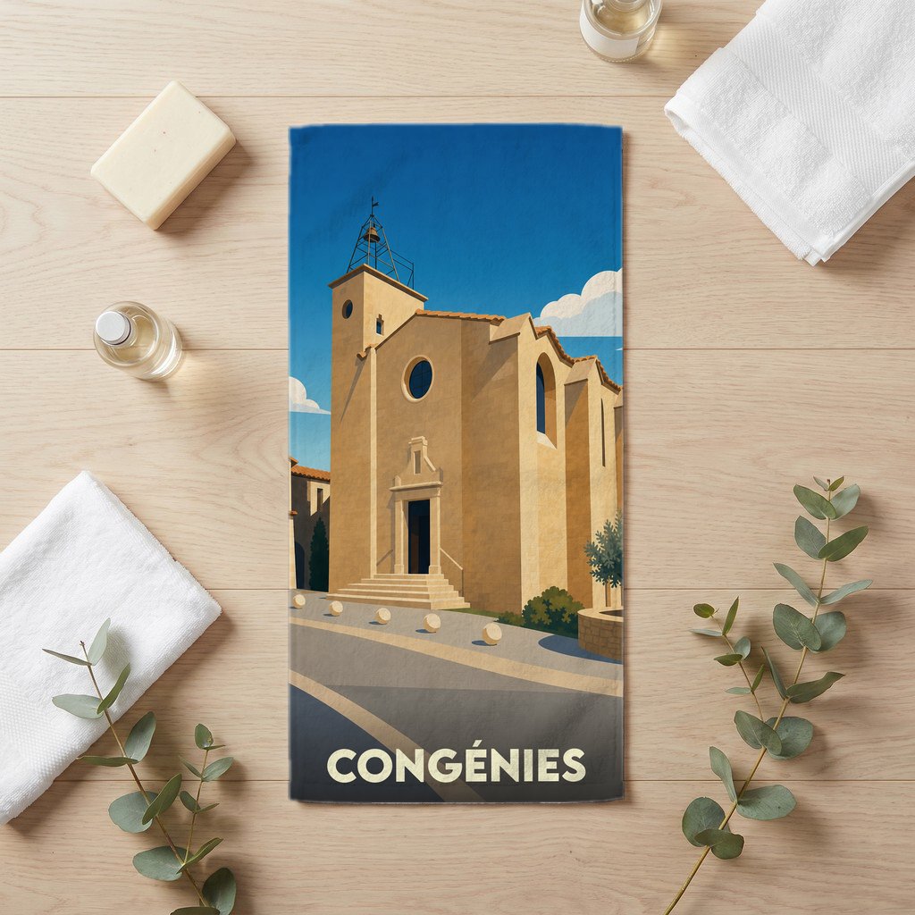 Serviette de bain souvenir de la ville de Congénies avec une illustration stylisée de son église.