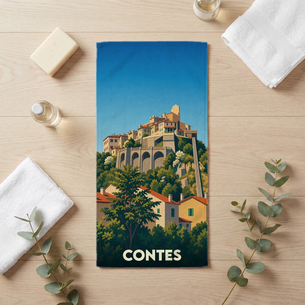 Serviette de bain souvenir de la ville de Contes avec une illustration stylisée.