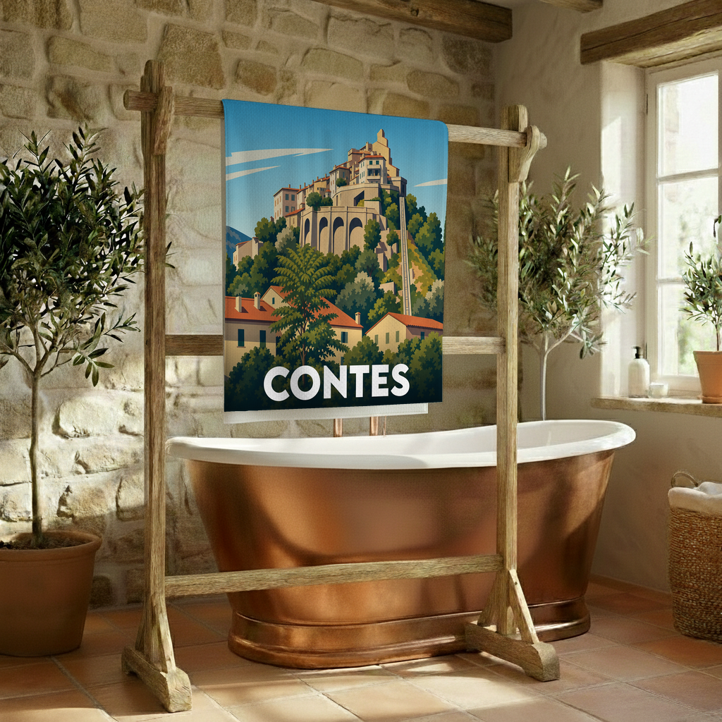 Serviette de bain souvenir de la ville de Contes avec une illustration stylisée.
