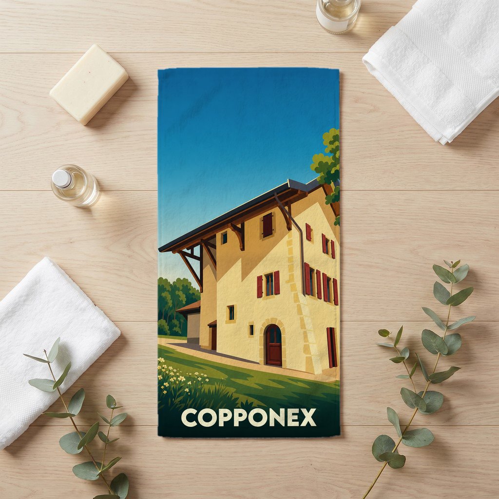 Serviette de bain souvenir de la ville de Copponex avec une illustration stylisée d'un bâtiment traditionnel.