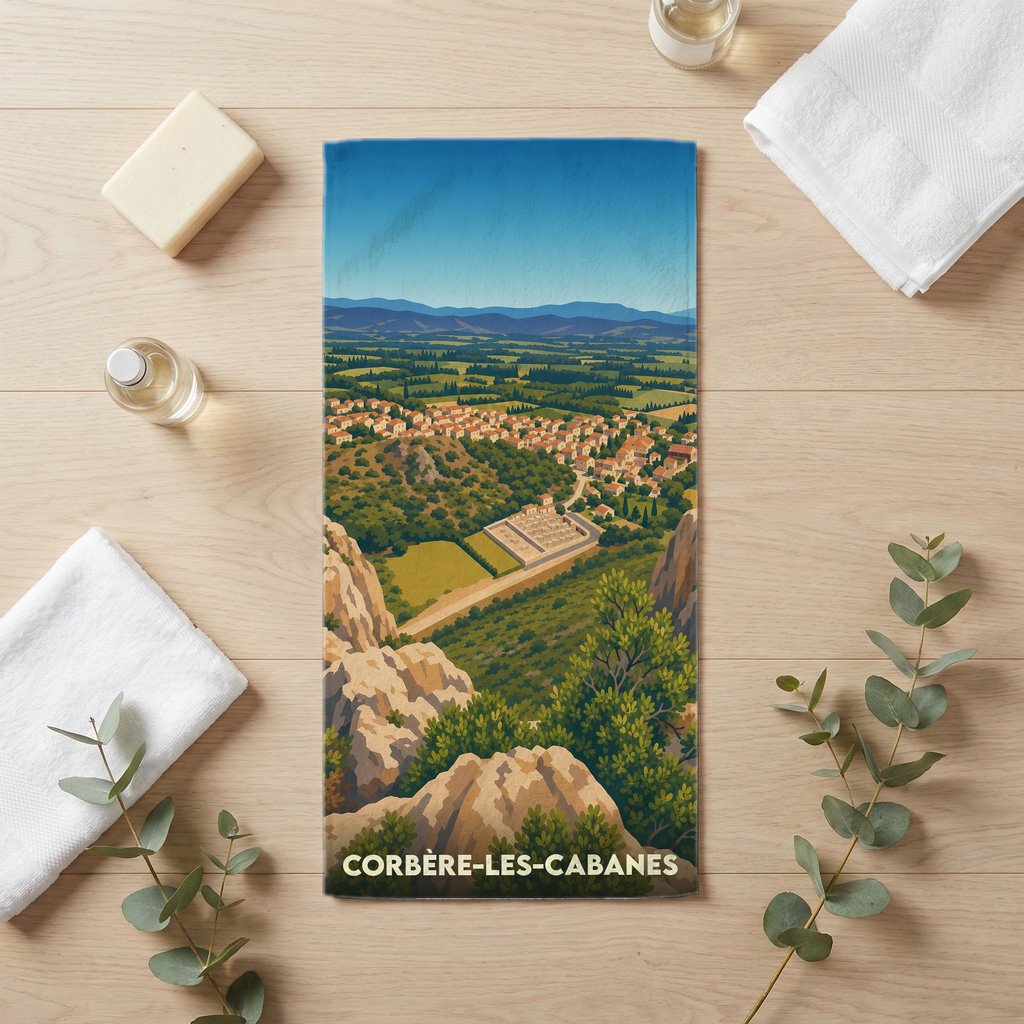 Serviette de bain souvenir de Corbère-les-Cabanes illustrée d'un paysage panoramique stylisé.
