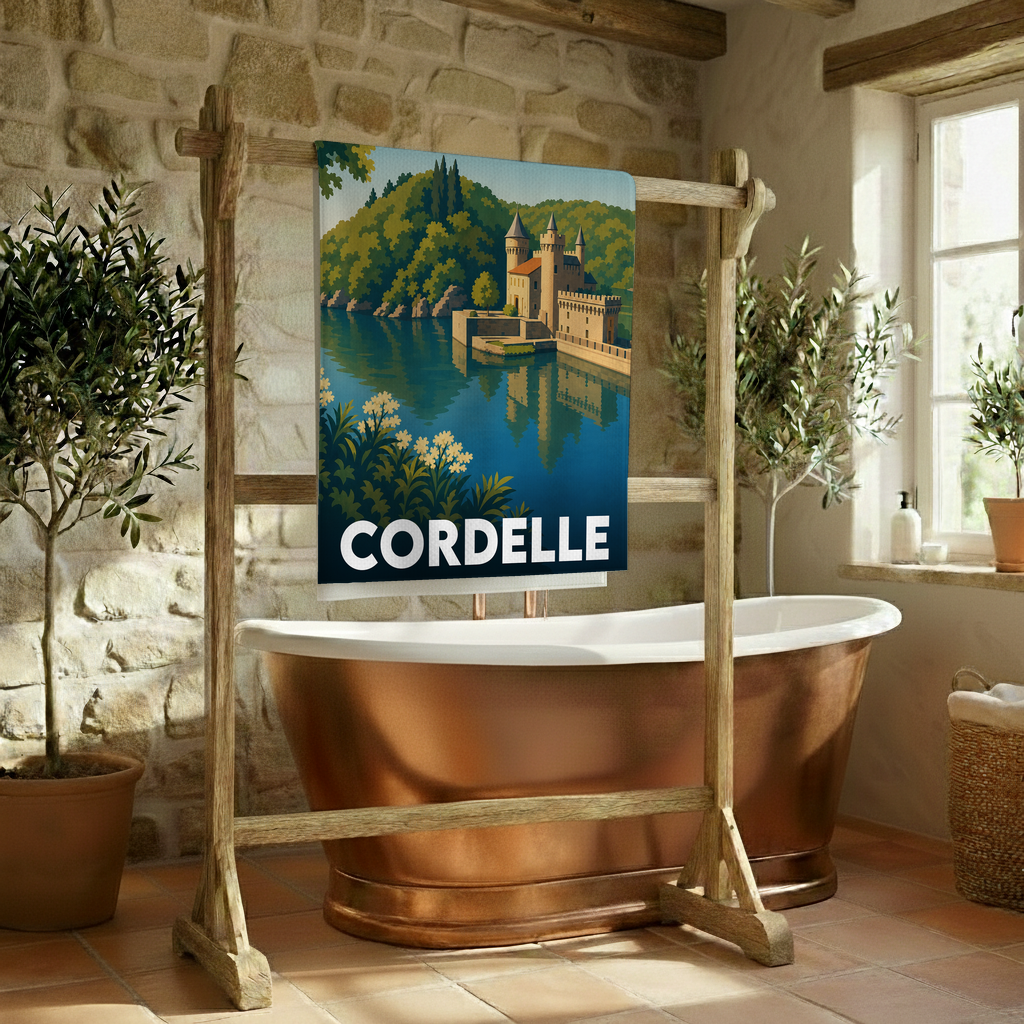 Serviette de bain souvenir de la ville de Cordelle avec une illustration stylisée d'un château au bord de l'eau.