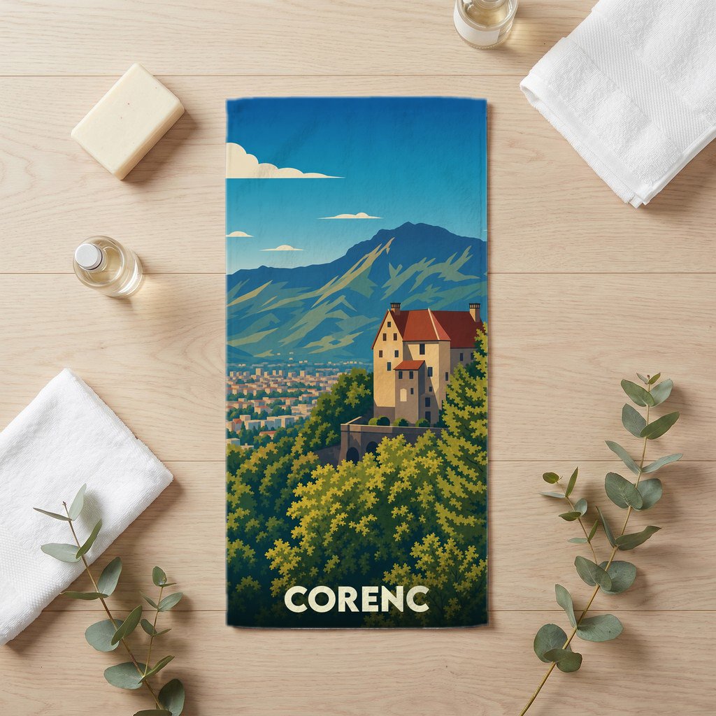 Serviette de bain souvenir de la ville de Corenc avec une illustration stylisée.