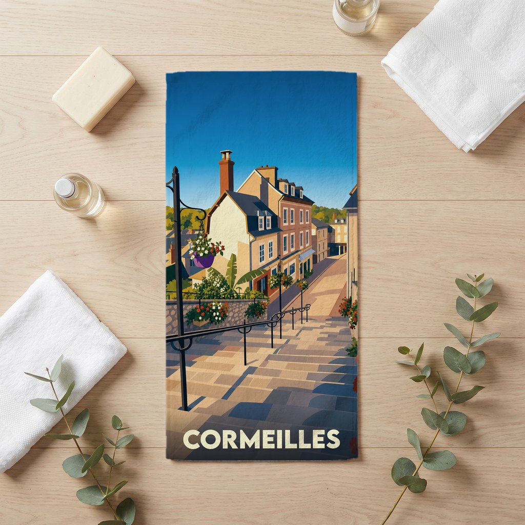 Serviette de bain souvenir de la ville de Cormeilles avec une illustration stylisée d'une rue en escalier.