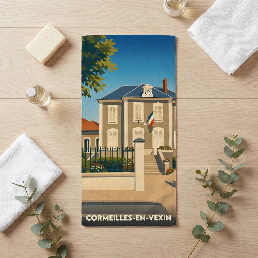 Serviette de bain souvenir de la ville de Cormeilles-en-Vexin avec une illustration stylisée.