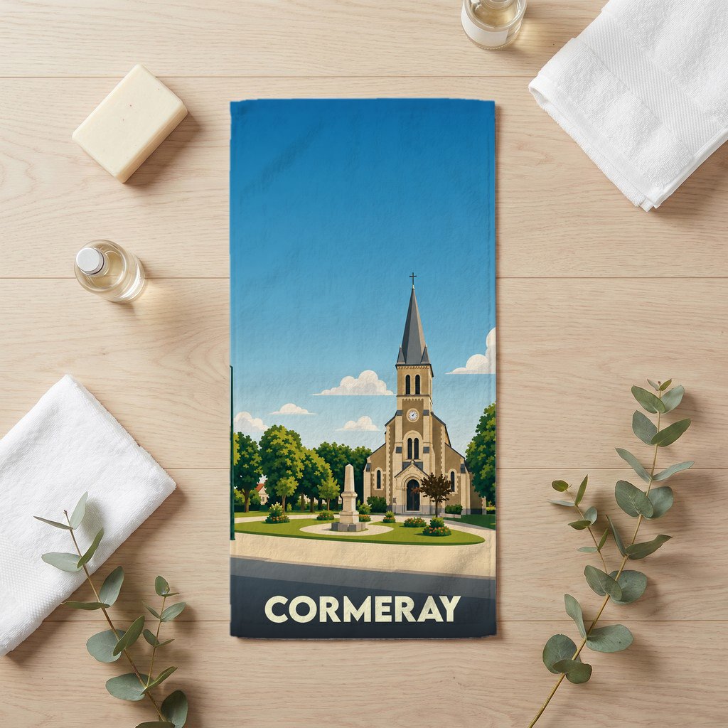 Serviette de bain souvenir de la ville de Cormeray avec une illustration stylisée de son église.