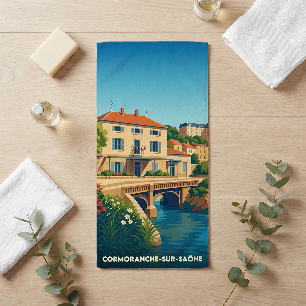 Serviette de bain souvenir de Cormoranche-sur-Saône illustrée d'un paysage urbain au bord de l'eau.