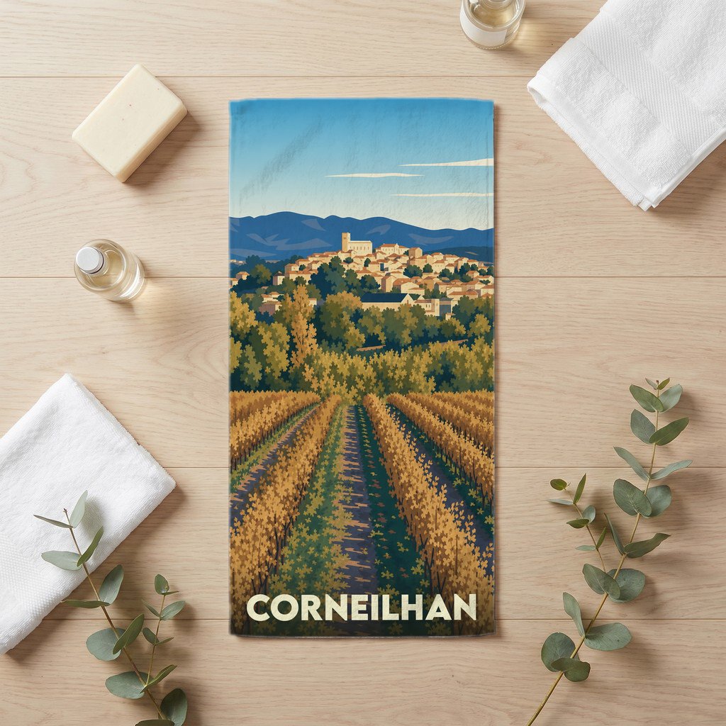 Serviette de bain souvenir de la ville de Corneilhan illustrée d'un paysage de vignobles et de village.