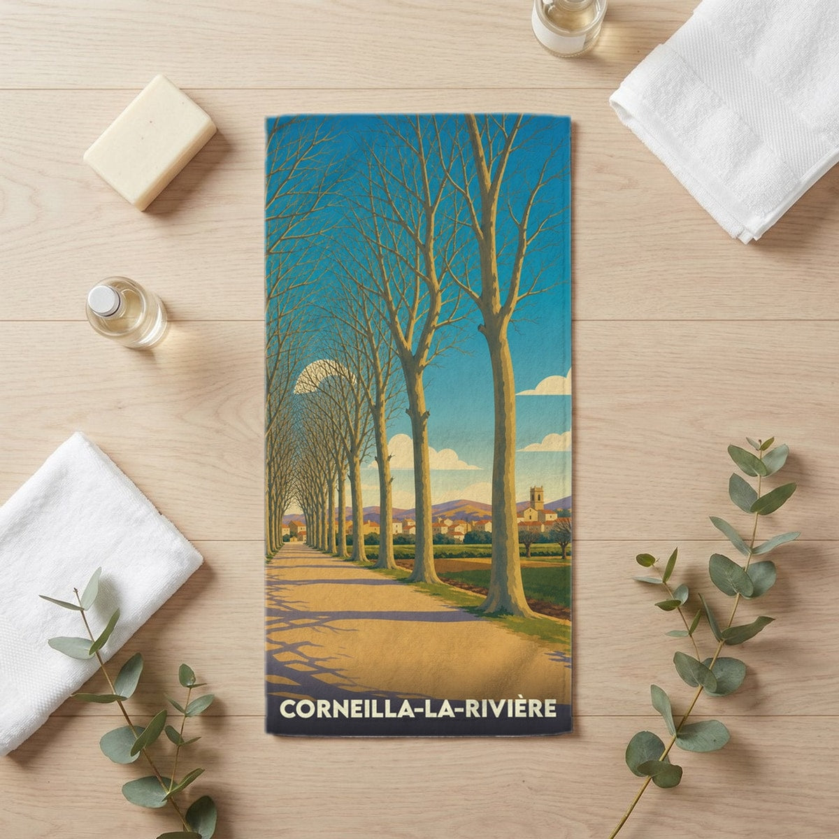 Serviette de bain 30 cm x 60 cm souvenir de Corneilla-la-Rivière