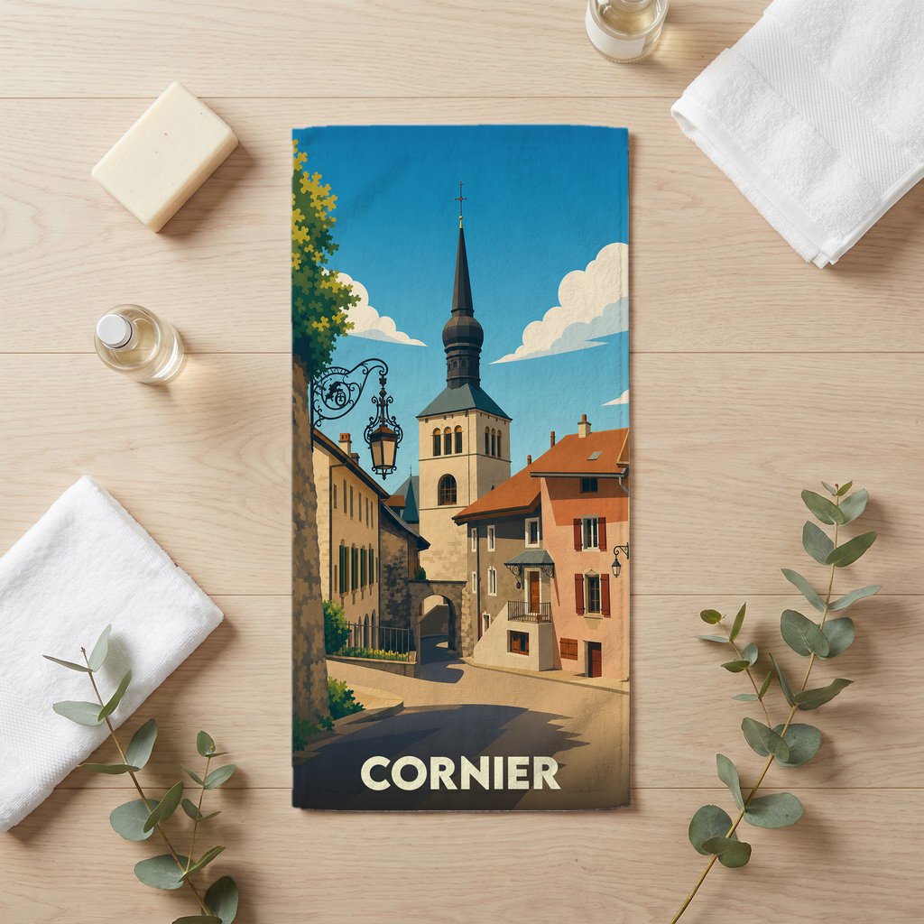Serviette de bain souvenir de la ville de Cornier avec une illustration stylisée d'un clocher et de maisons traditionnelles.