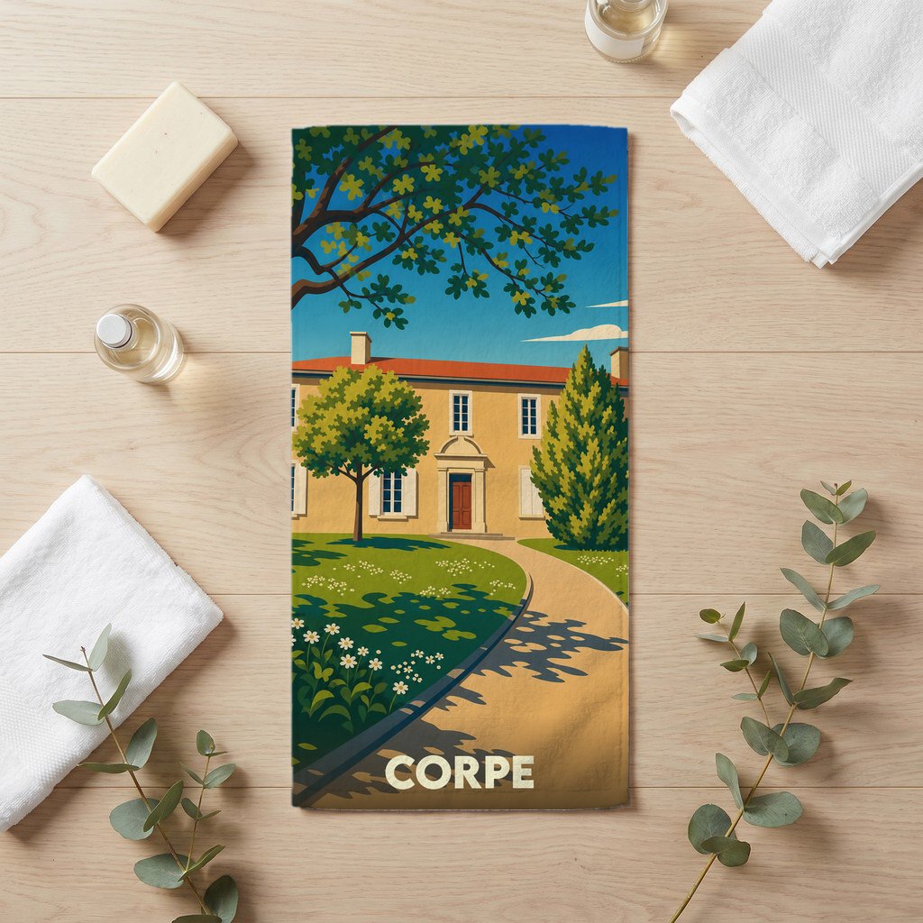 Serviette de bain souvenir de la ville de Corpe avec une illustration stylisée d'une demeure et son jardin.