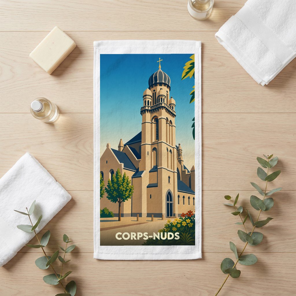 Serviette de bain souvenir de la ville de Corps-Nuds avec une illustration stylisée de son église.