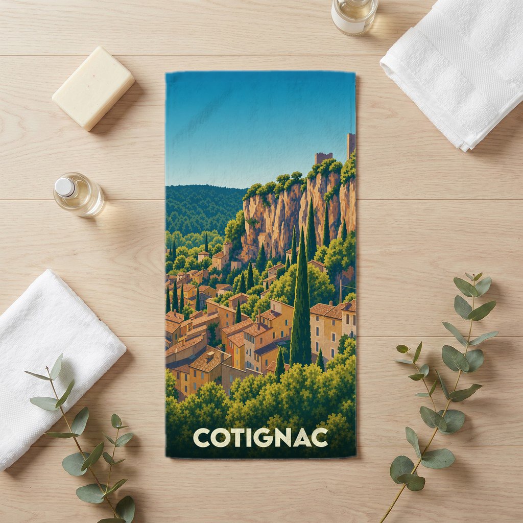 Serviette de bain souvenir de la ville de Cotignac avec une illustration stylisée de son rocher et de ses maisons provençales.