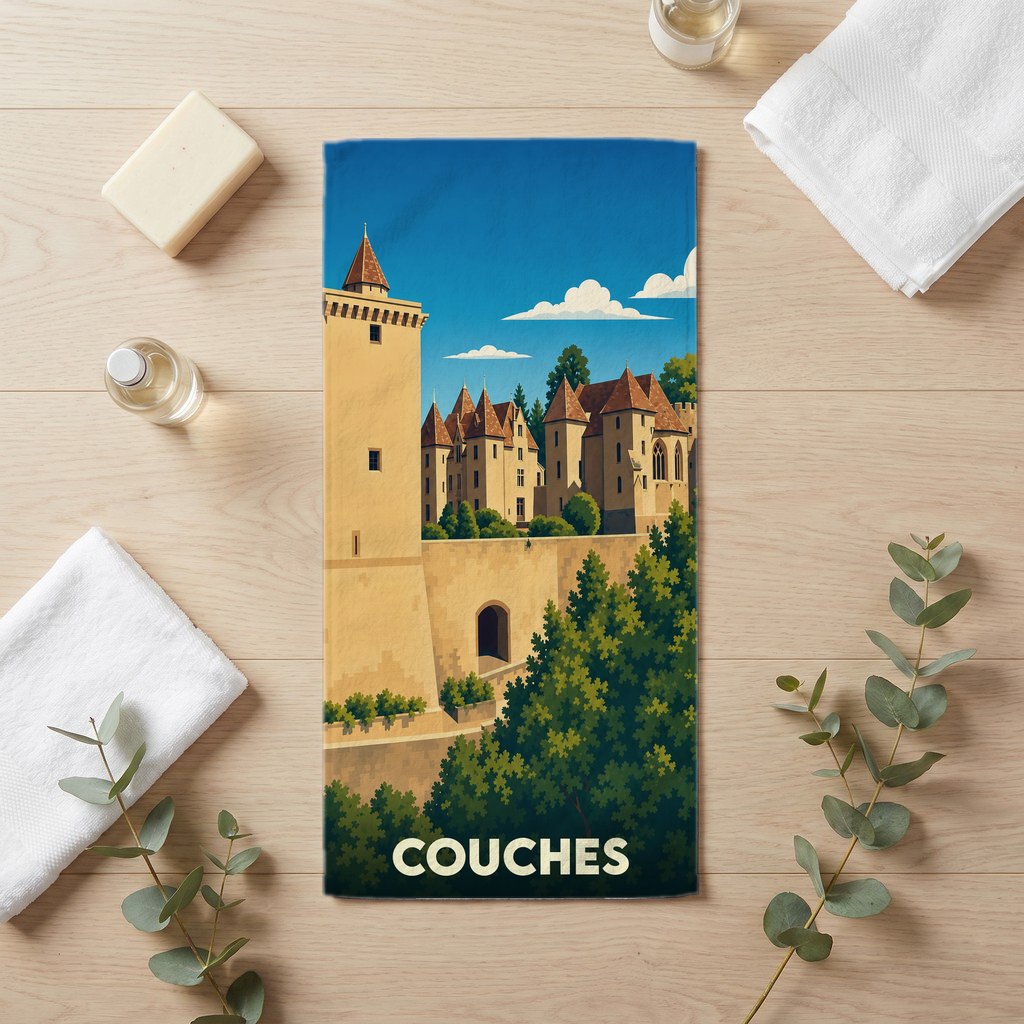 Serviette de bain souvenir de la ville de Couches avec une illustration stylisée de son château.
