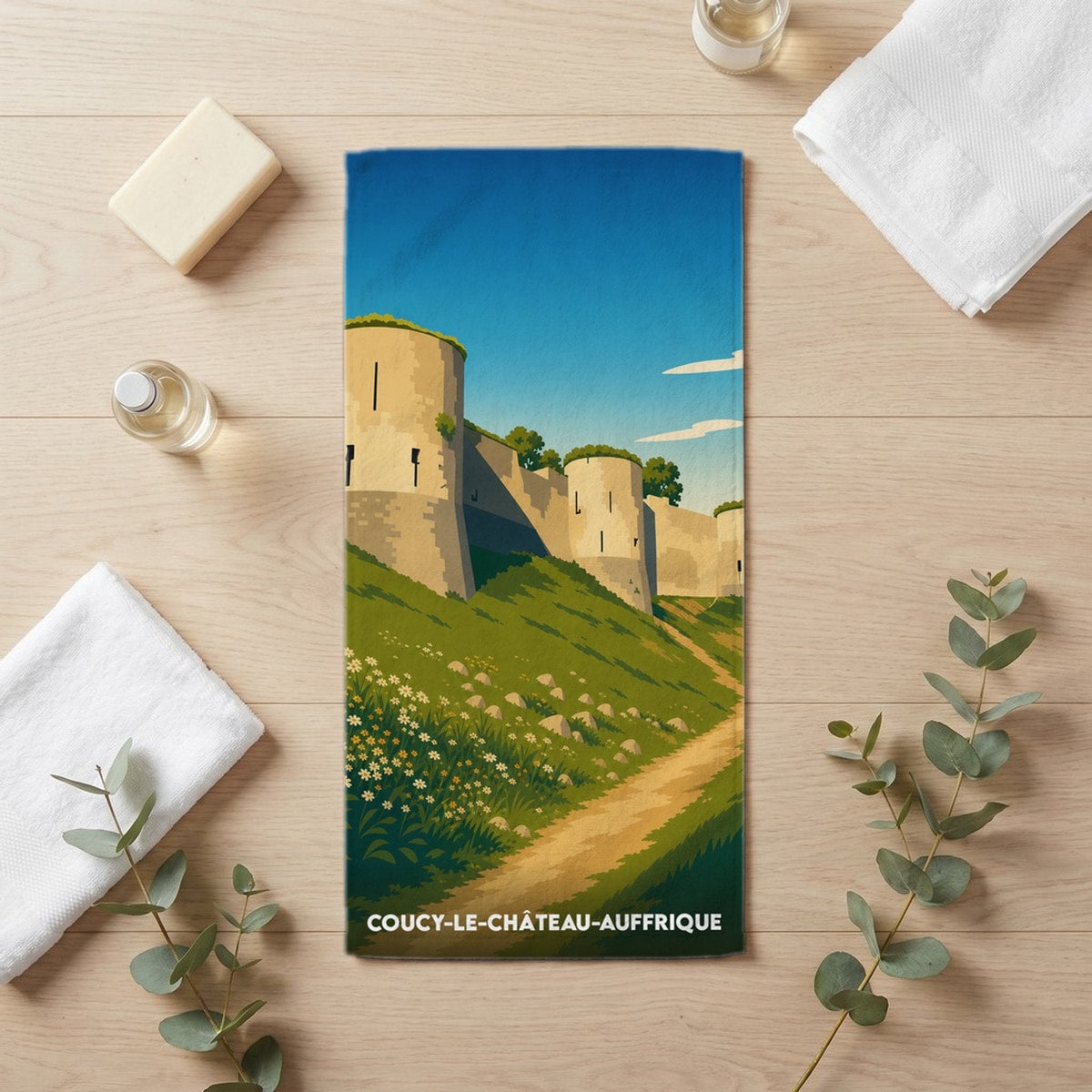 Serviette de bain 30 cm x 60 cm souvenir de Coucy-le-Château-Auffrique