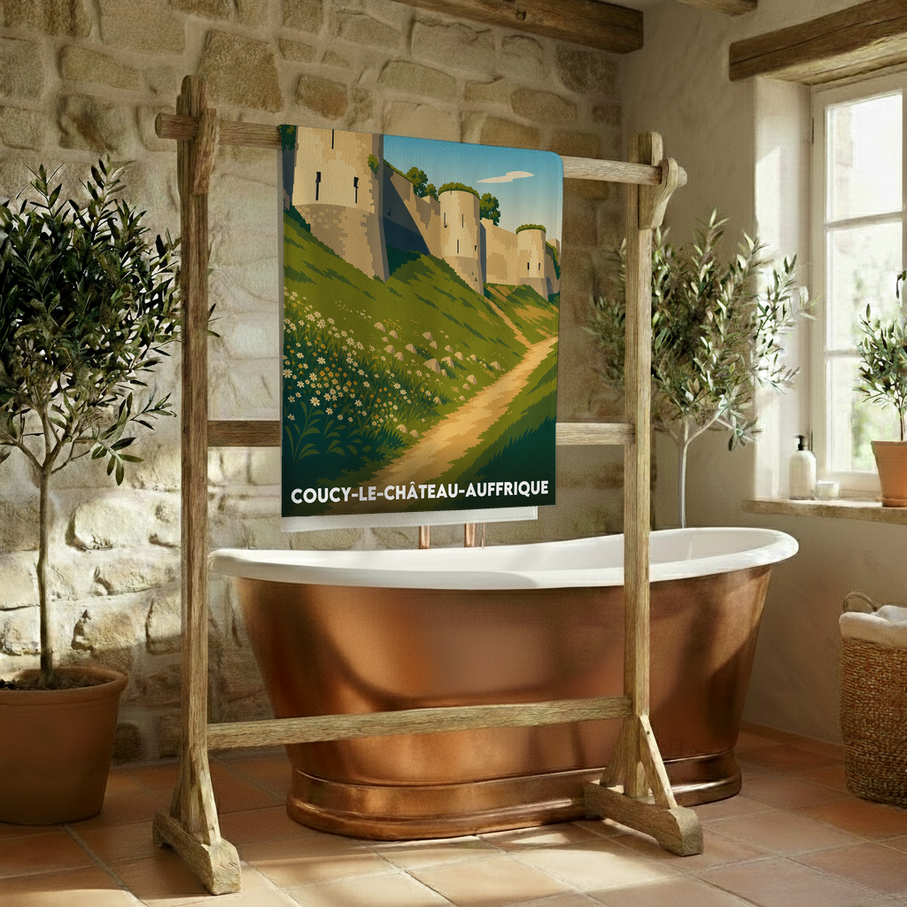 Serviette de bain souvenir de Coucy-le-Château-Auffrique avec une illustration stylisée.