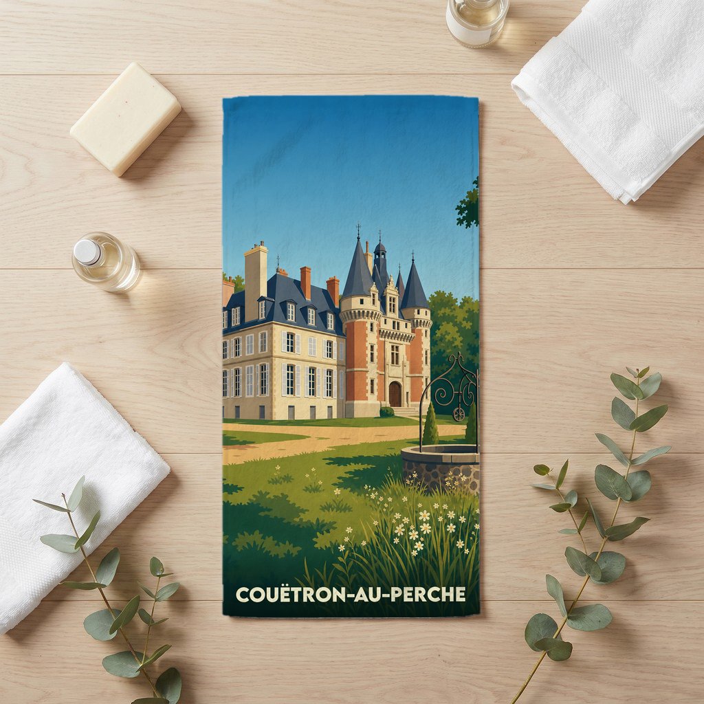 Serviette de bain souvenir de la ville de Couëtron-au-Perche avec une illustration stylisée d'un château.