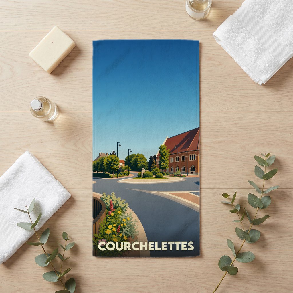 Serviette de bain souvenir de la ville de Courchelettes avec une illustration stylisée.