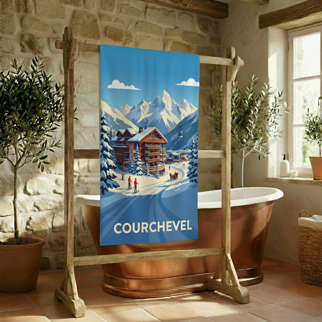 Serviette de bain souvenir de la ville de Courchevel avec une illustration stylisée de station de ski.