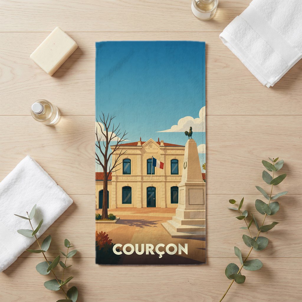 Serviette de bain souvenir de la ville de Courçon avec une illustration stylisée de sa mairie et de son monument.