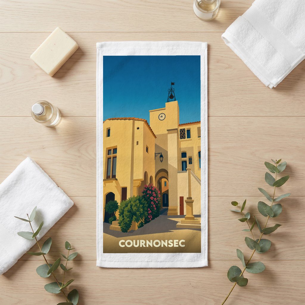 Serviette de bain souvenir de la ville de Cournonsec avec une illustration stylisée.