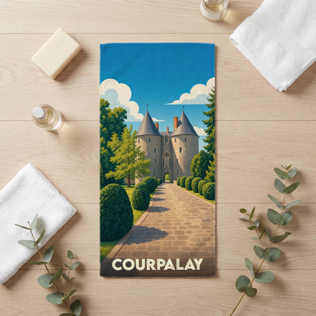 Serviette de bain souvenir de la ville de Courpalay avec une illustration stylisée d'un château.