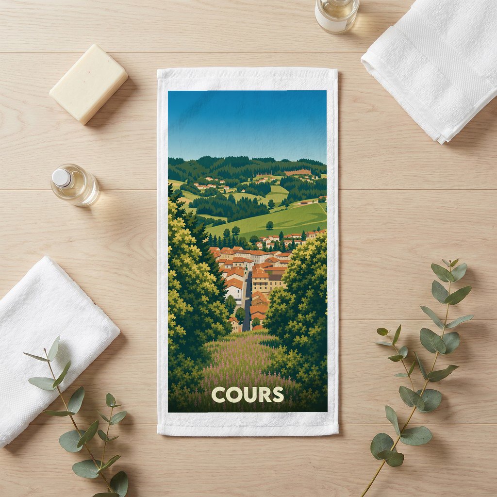 Serviette de bain souvenir de la ville de Cours avec une illustration paysagère stylisée.