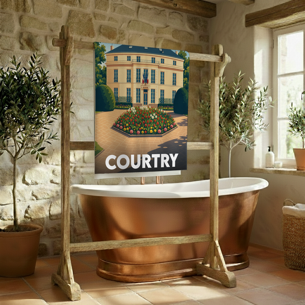 Serviette de bain souvenir de la ville de Courtry avec une illustration stylisée.
