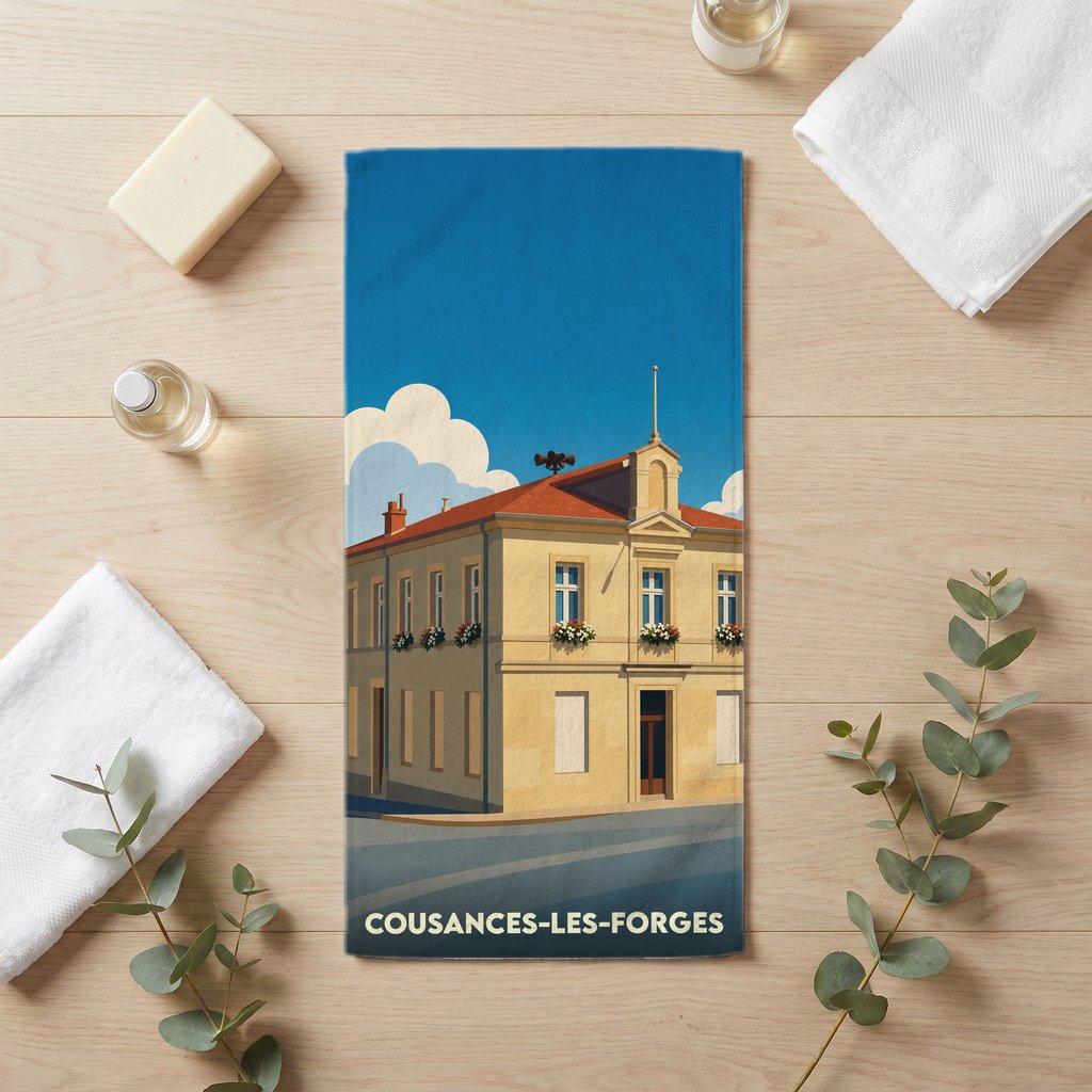 Serviette de bain souvenir de Cousances-les-Forges avec une illustration stylisée de la mairie.