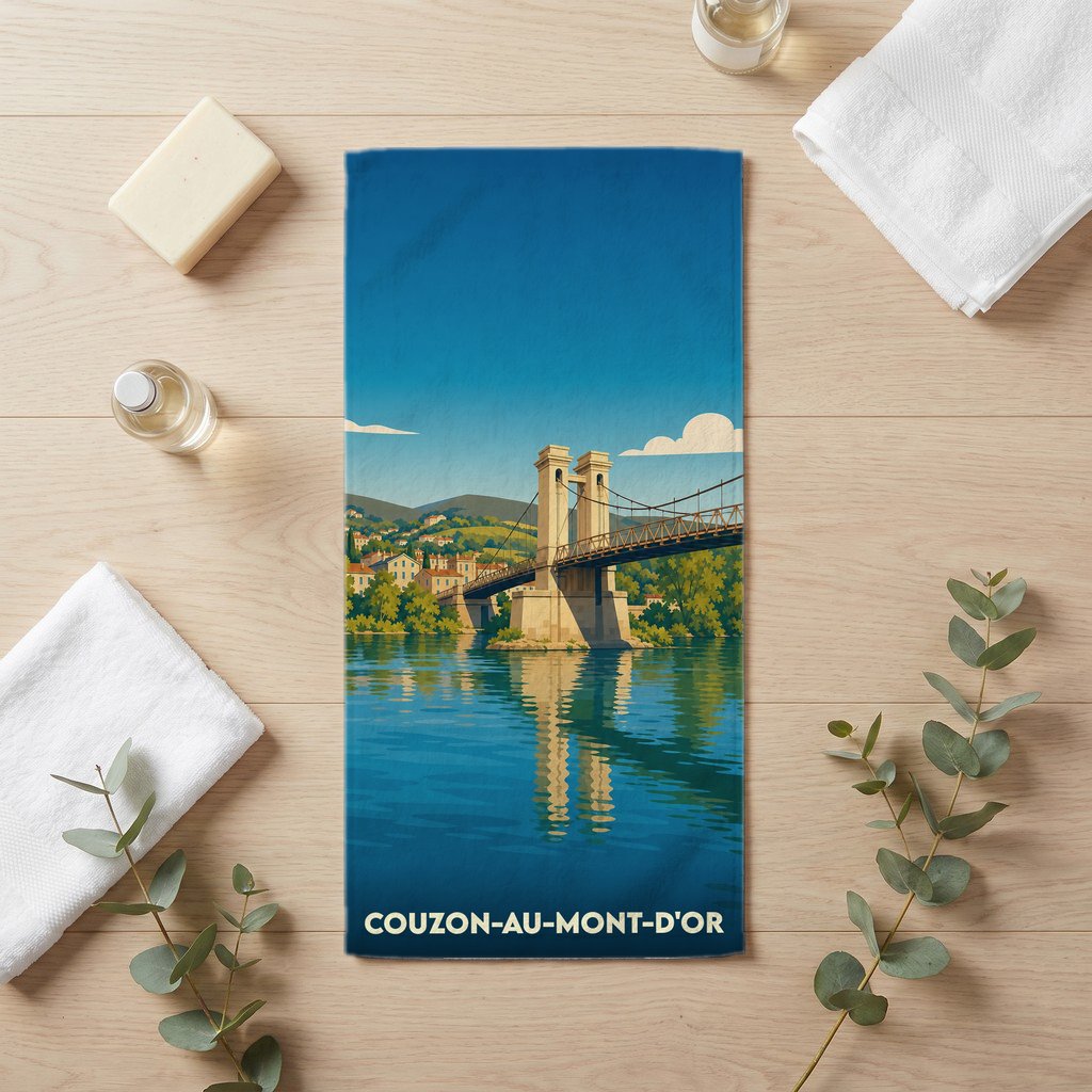 Serviette de bain souvenir de la ville de Couzon-au-Mont-d'Or avec une illustration stylisée de son pont.