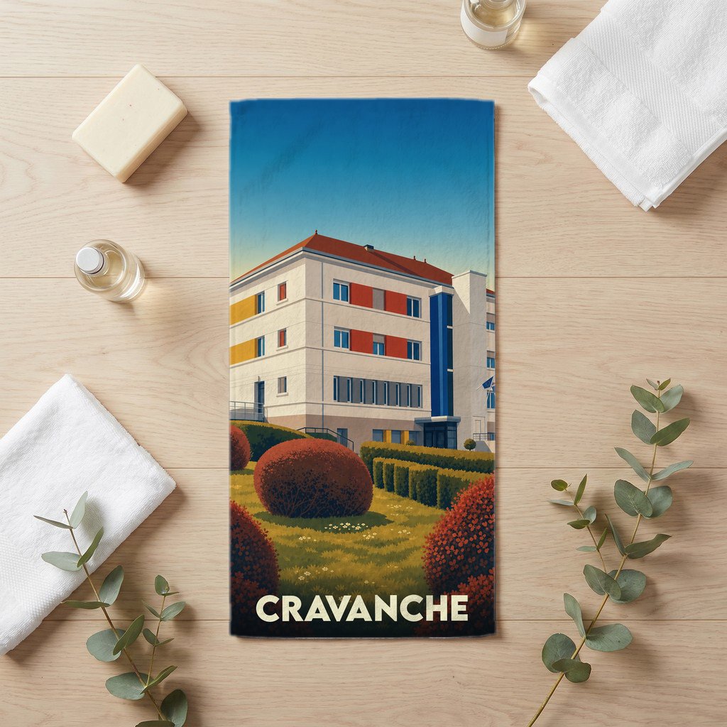 Serviette de bain souvenir de la ville de Cravanche avec une illustration stylisée.