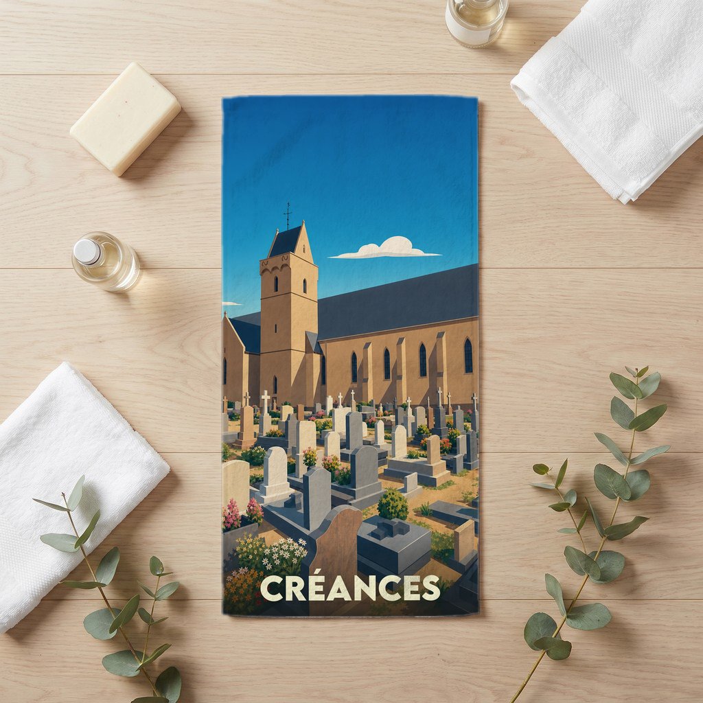 Serviette de bain souvenir de la ville de Créances avec une illustration stylisée de son église et de son cimetière.