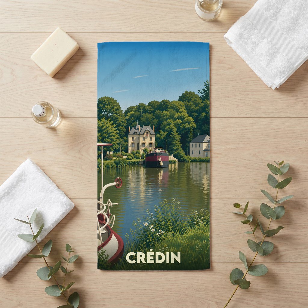 Serviette de bain souvenir de la ville de Crédin avec une illustration stylisée d'un paysage fluvial.