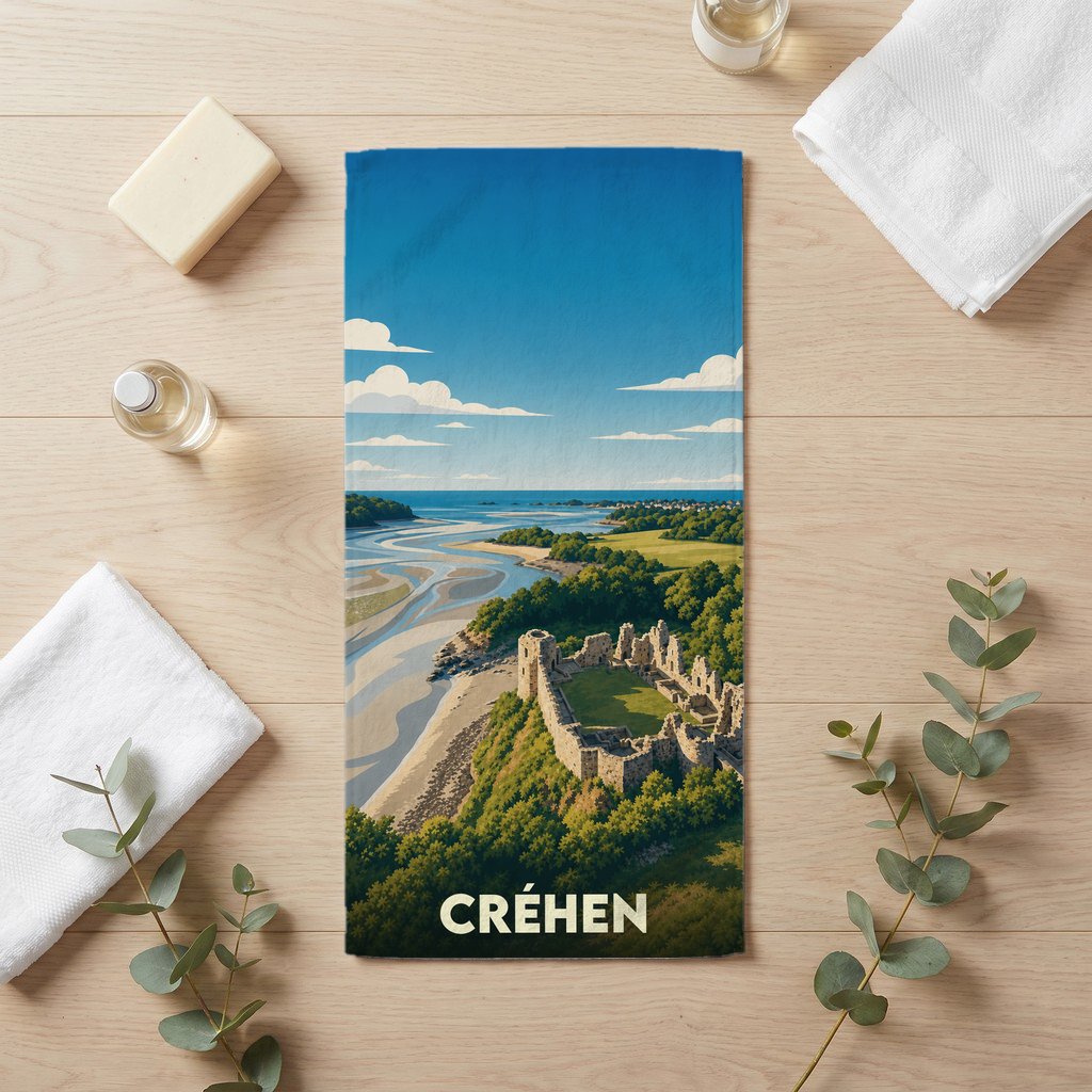 Serviette de bain souvenir de la ville de Créhen avec une illustration stylisée d'un château en bord de mer.