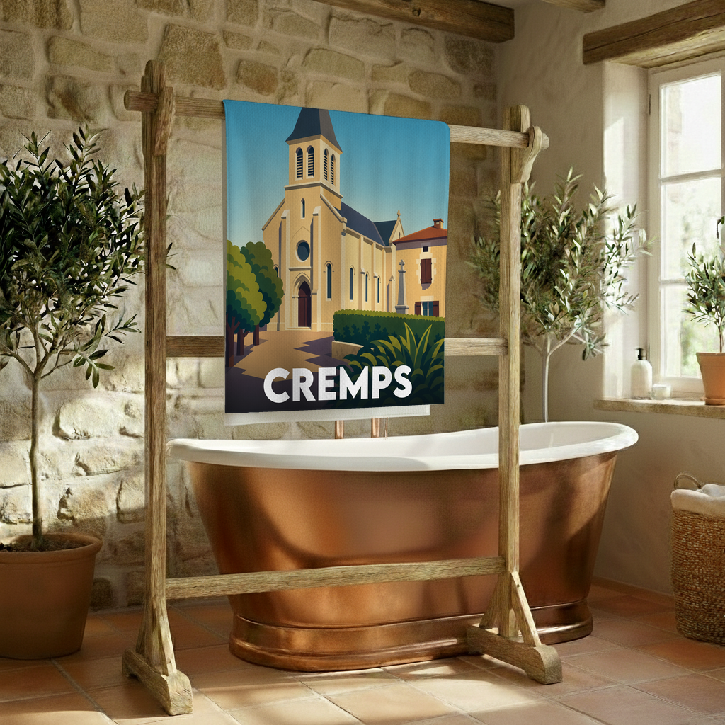 Serviette de bain souvenir de la ville de Cremps avec une illustration stylisée.