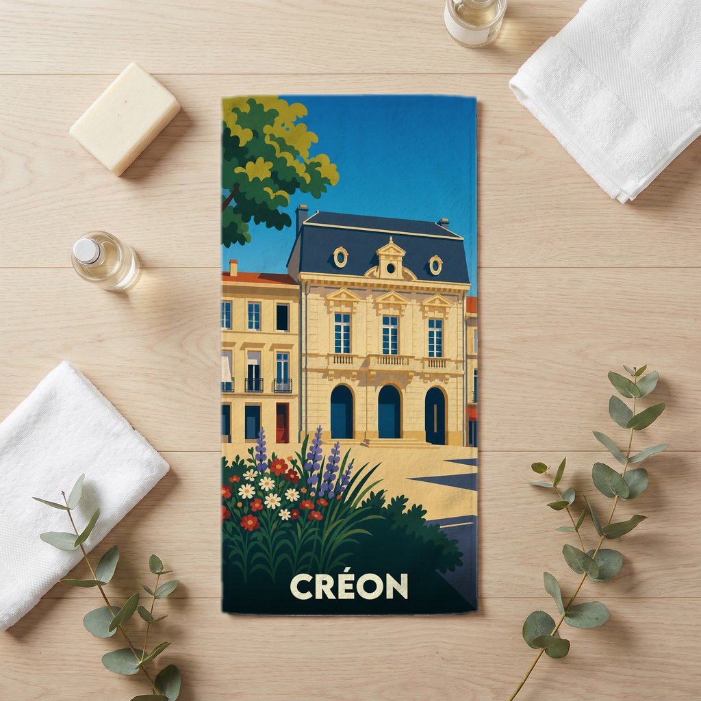 Serviette de bain souvenir de la ville de Créon avec une illustration stylisée de son architecture.