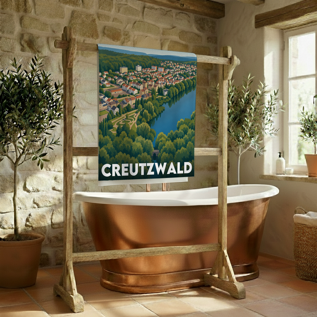 Serviette de bain souvenir de la ville de Creutzwald avec une illustration paysagère stylisée.