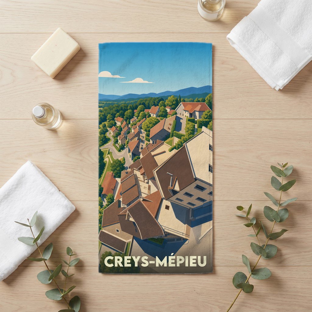 Serviette de bain souvenir de la ville de Creys-Mépieu avec une illustration stylisée de ses maisons et paysages.