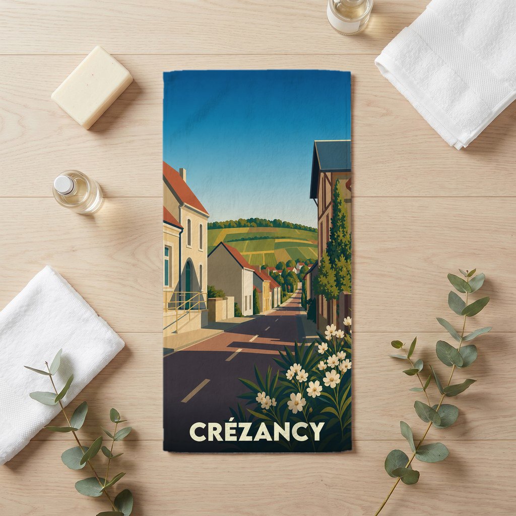 Serviette de bain souvenir de la ville de Crézancy avec une illustration stylisée d'une rue du village.