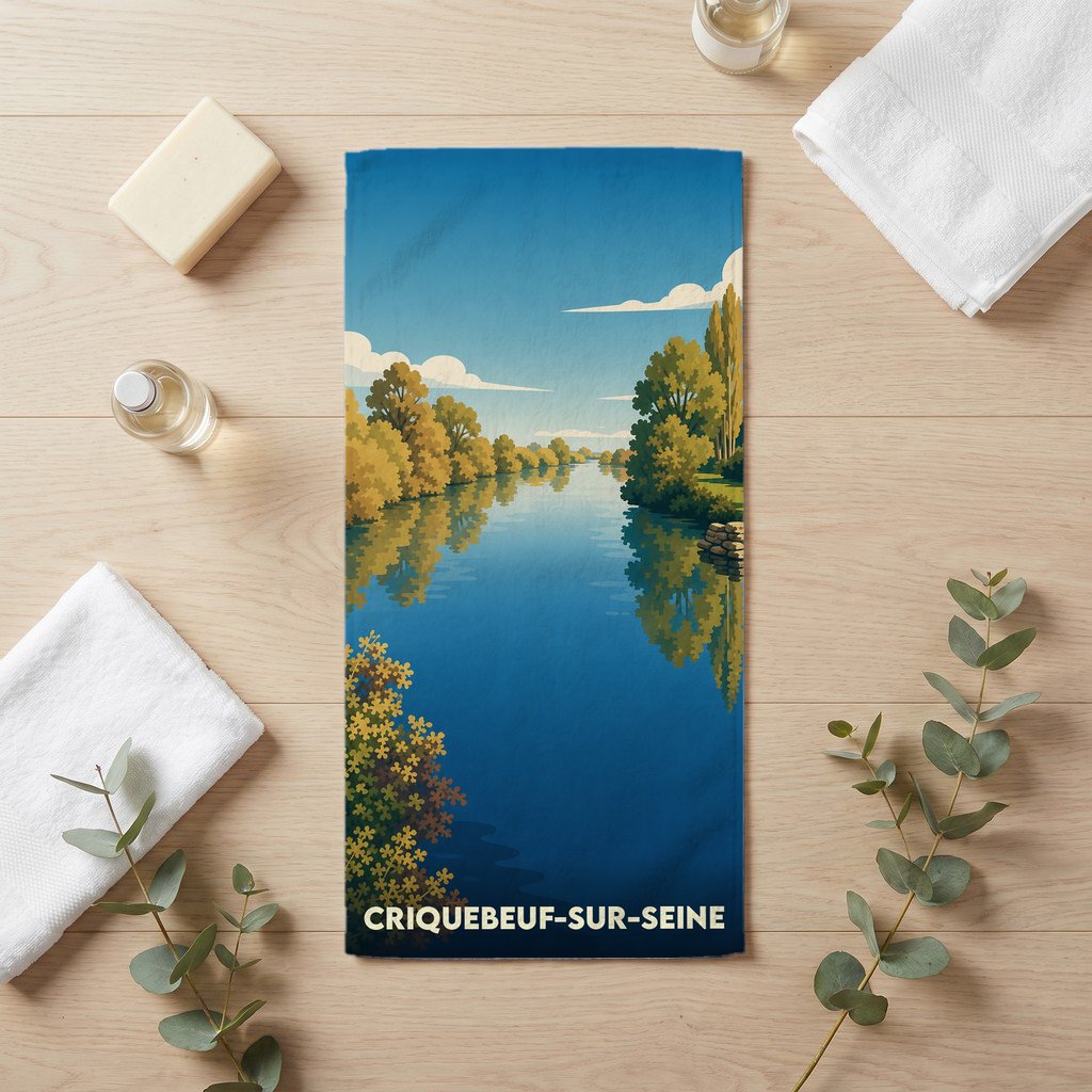 Serviette de bain souvenir de Criquebeuf-sur-Seine illustrée d'un paysage de rivière stylisé.