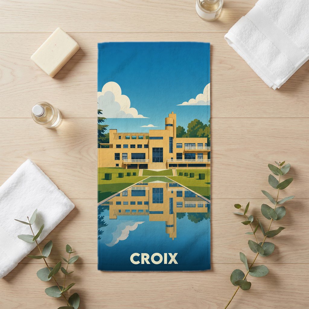 Serviette de bain souvenir de la ville de Croix avec une illustration stylisée de la Villa Cavrois.