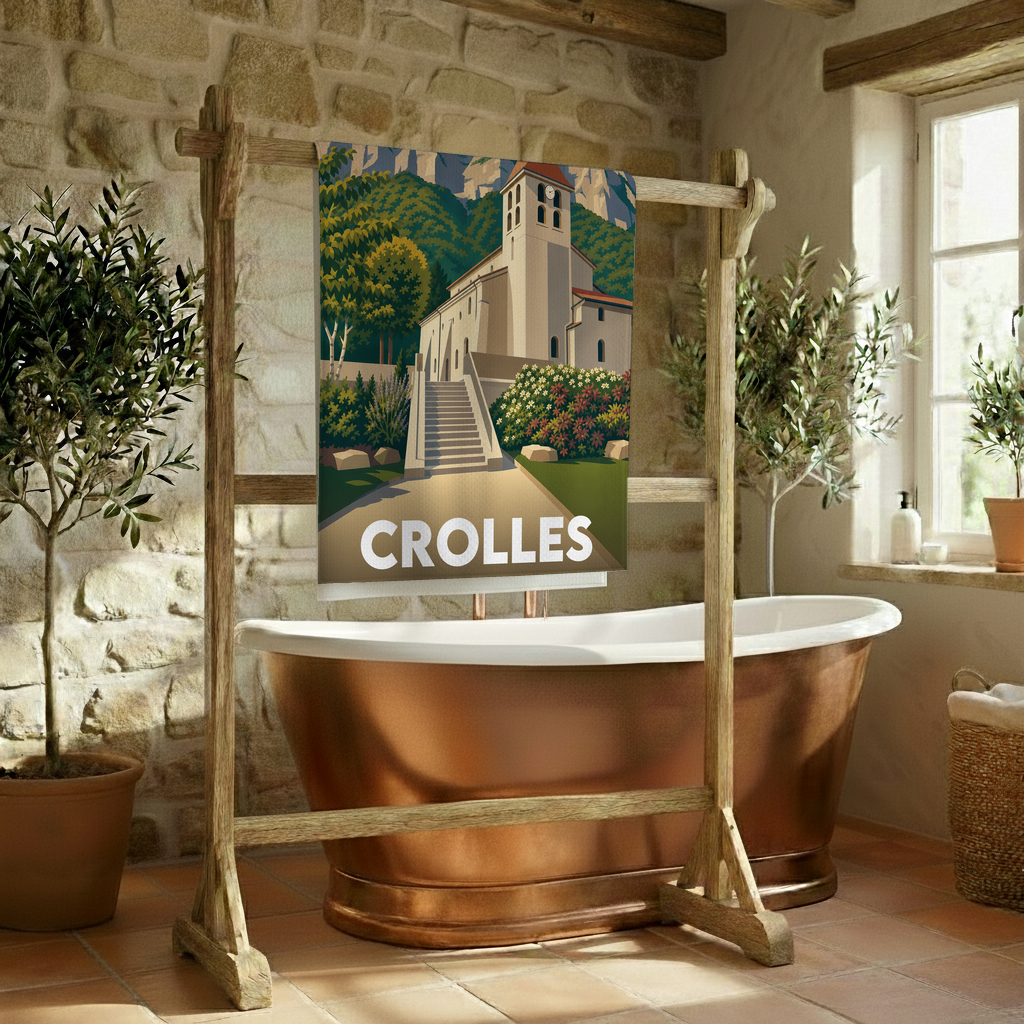 Serviette de bain souvenir de la ville de Crolles avec une illustration stylisée.