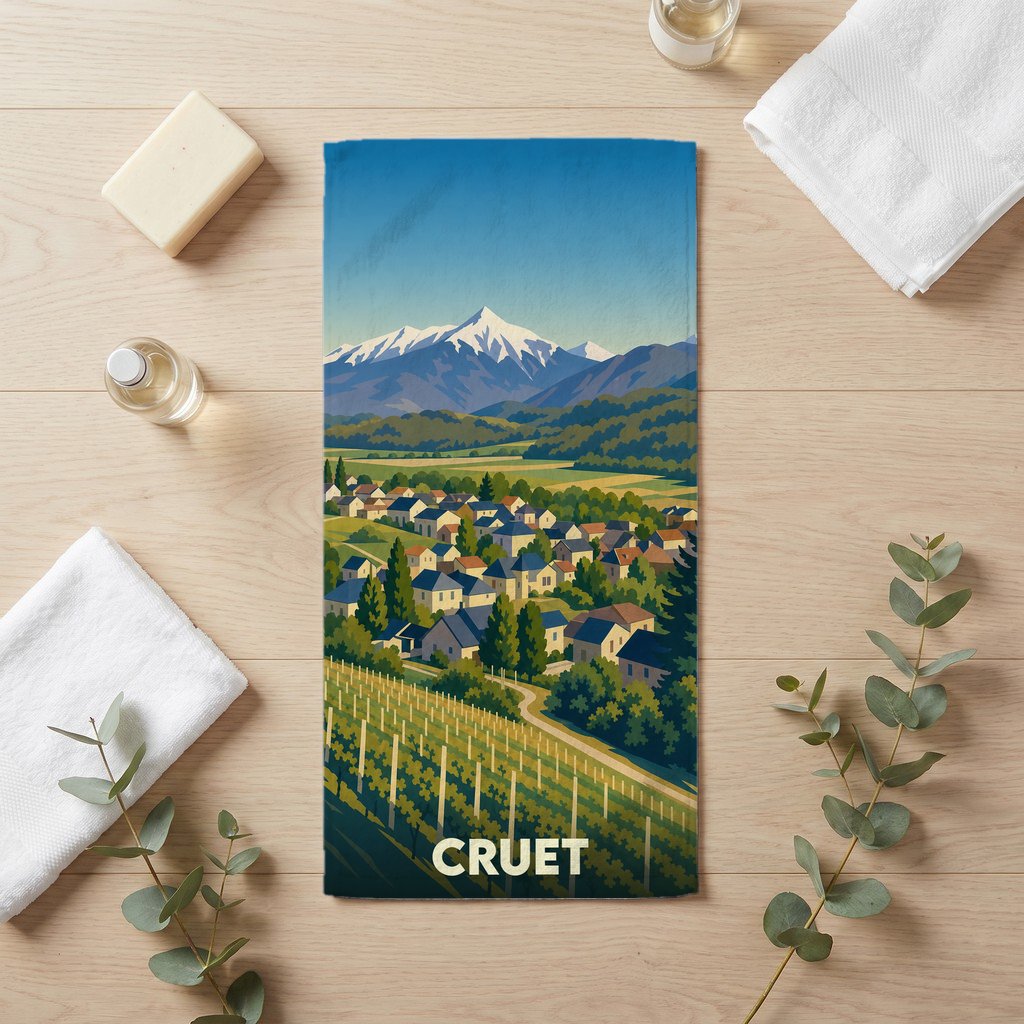 Serviette de bain souvenir de la ville de Cruet avec une illustration stylisée de ses paysages de montagne et de vignobles.
